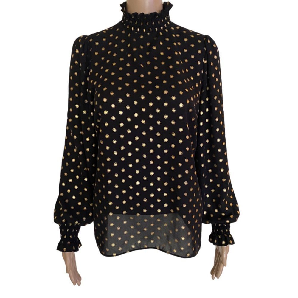 Worthington Women’s S Black Gold Polkadot Long Sleeve Smocked High Neck Blouse